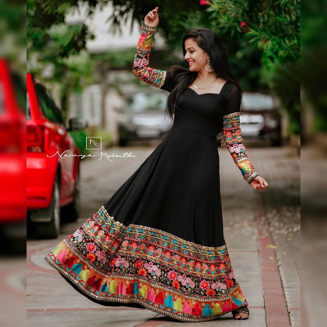 Black Colour Faux Georgette Multi Colour Thred Worked Full Stiched