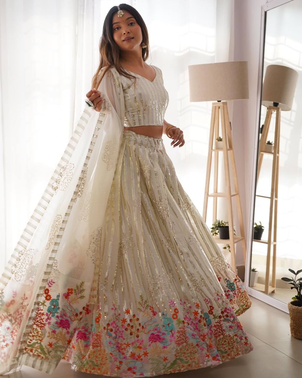 Off White Colour Wedding Wear Georgette Sequence Worked Heavy Designer Lehenga Choli With Cancan