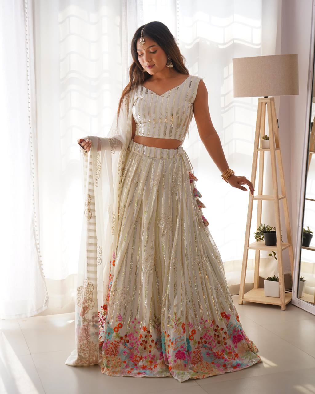 Off White Colour Wedding Wear Georgette Sequence Worked Heavy Designer Lehenga Choli With Cancan