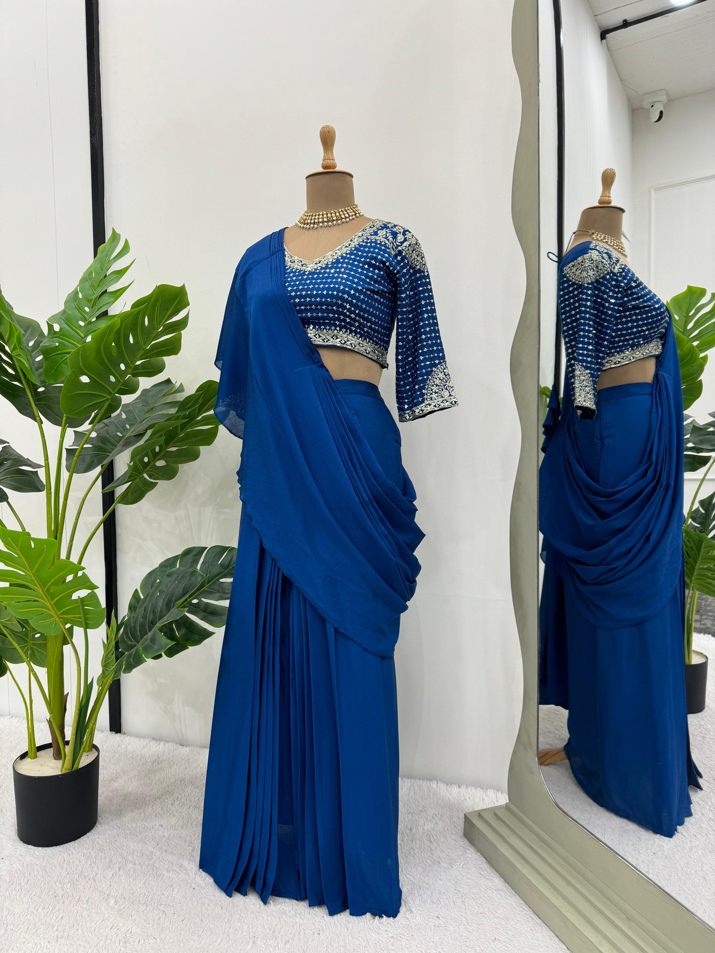 Chinon Silk Ready To Wear Party Wear Saree With Designer Stiched Blouse