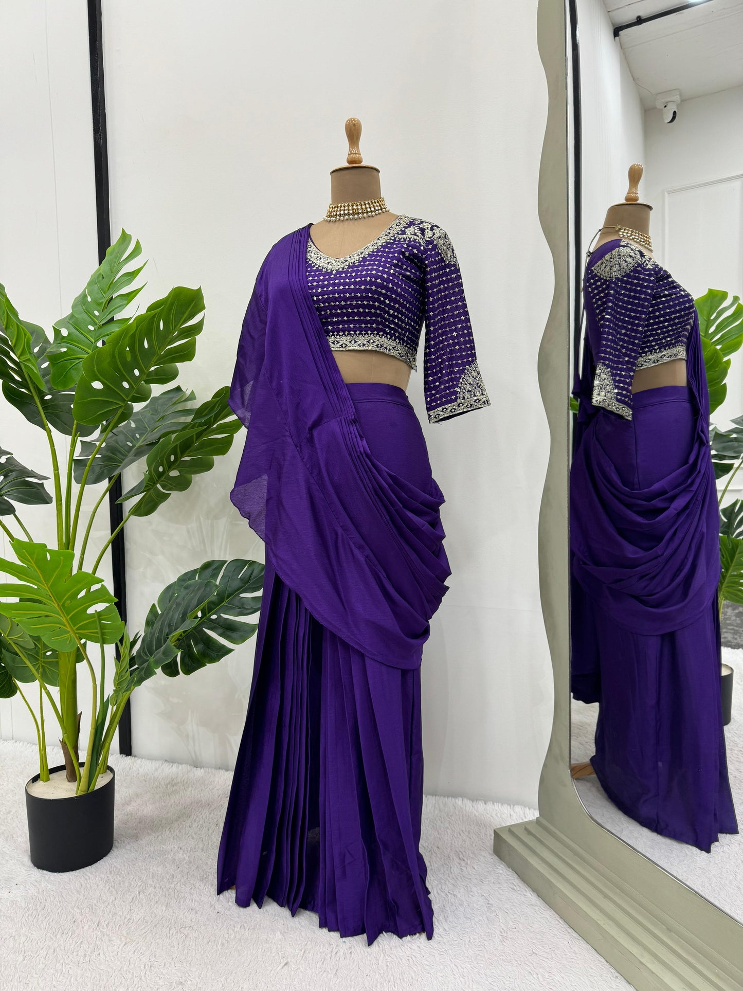 Chinon Silk Ready To Wear Party Wear Saree With Designer Stiched Blouse