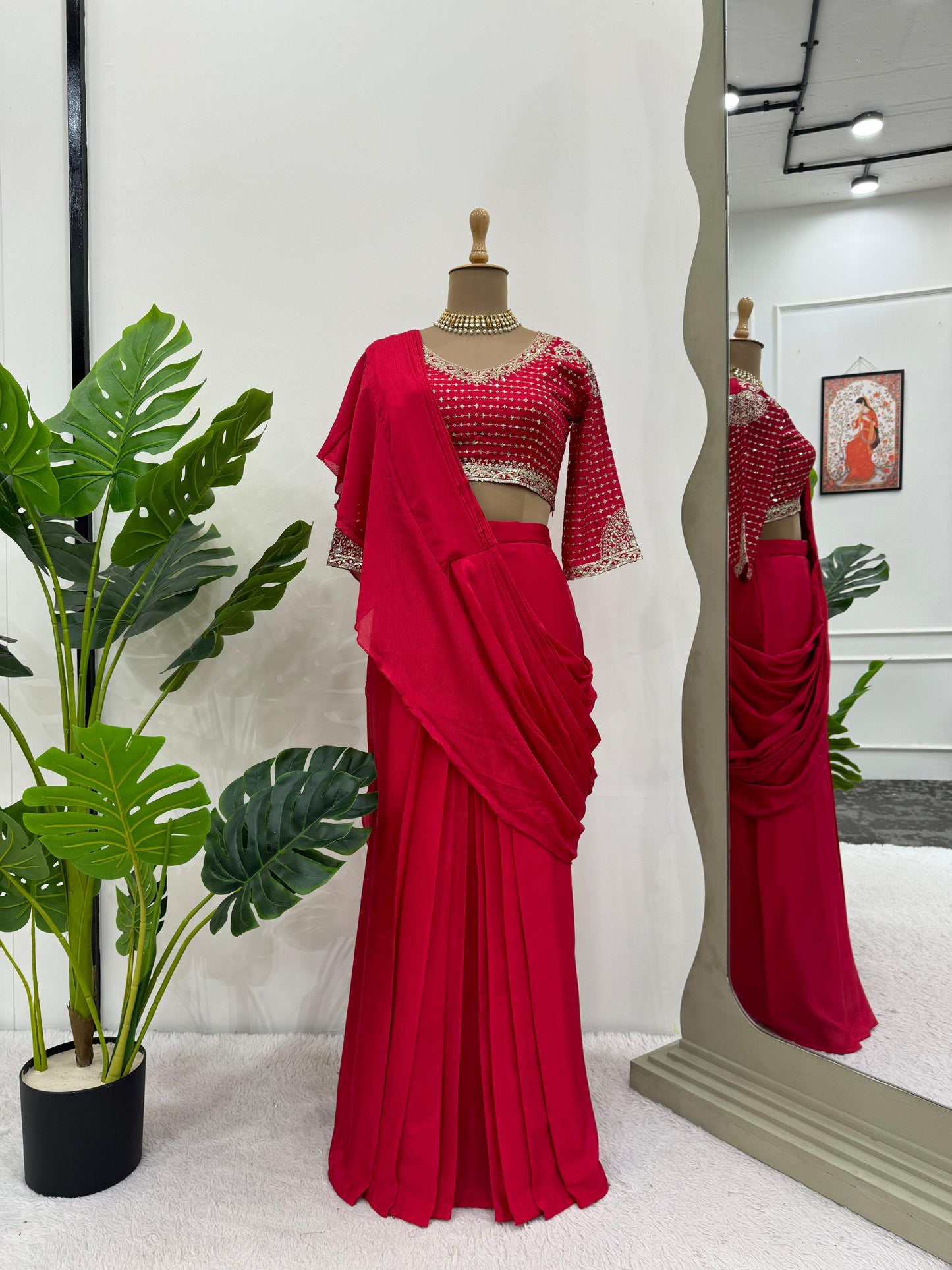 Chinon Silk Ready To Wear Party Wear Saree With Designer Stiched Blouse