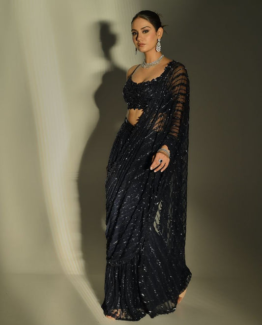 Party Wear Black Net Sequence Worked Saree With Designer Blouse