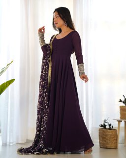 Wine Colour Full Stiched Georgette Party Wear Gown With Embroidery And Sequence Worked Designer Duppata