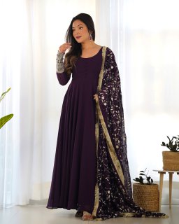 Wine Colour Full Stiched Georgette Party Wear Gown With Embroidery And Sequence Worked Designer Duppata
