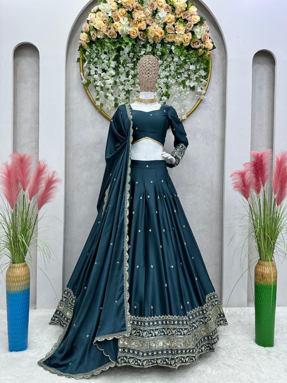 Malay Satin Silk Wedding Wear Semi Stitched Embroidery Worked Lehenga Choli With Duppta