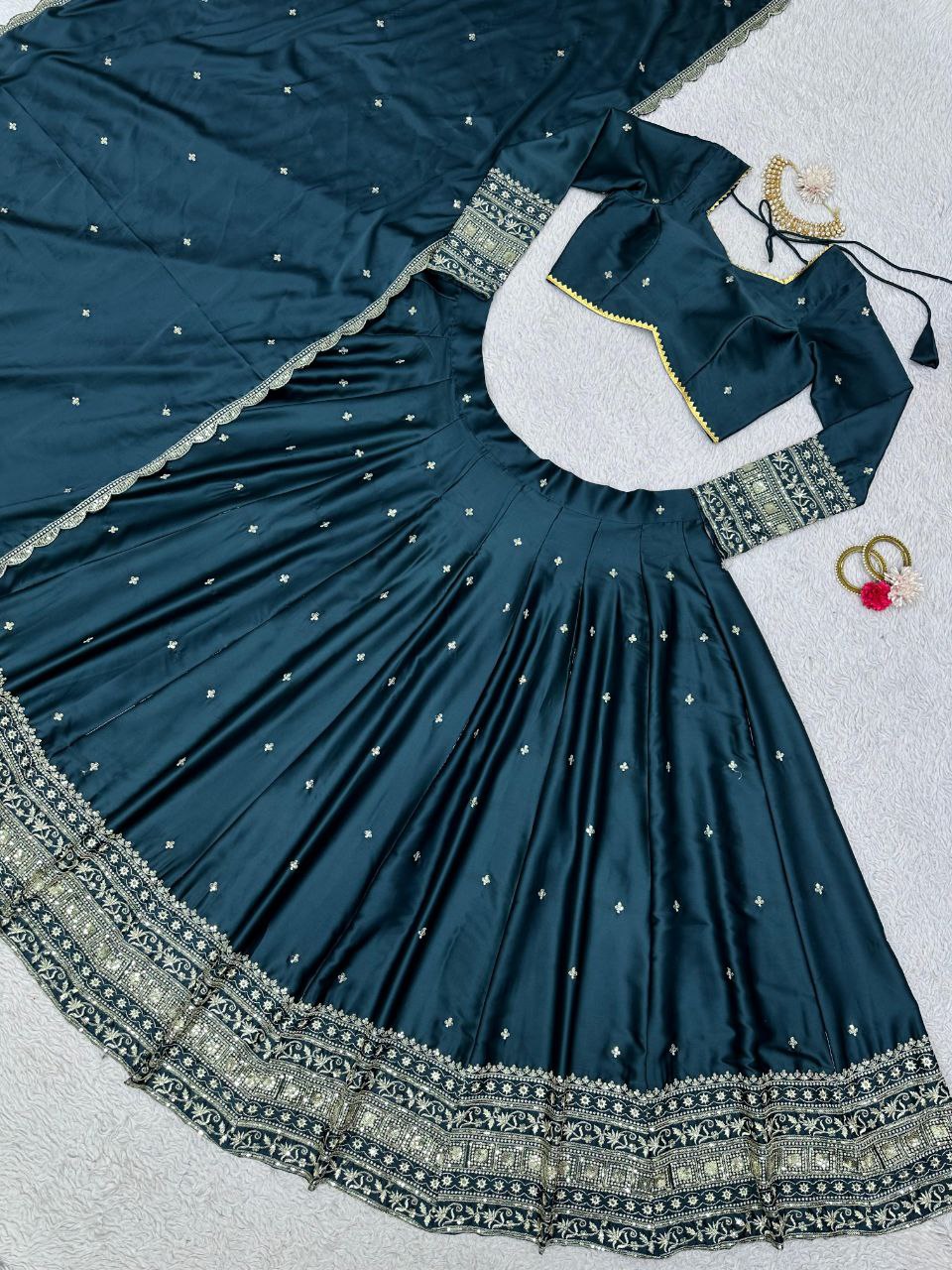 Malay Satin Silk Wedding Wear Semi Stitched Embroidery Worked Lehenga Choli With Duppta