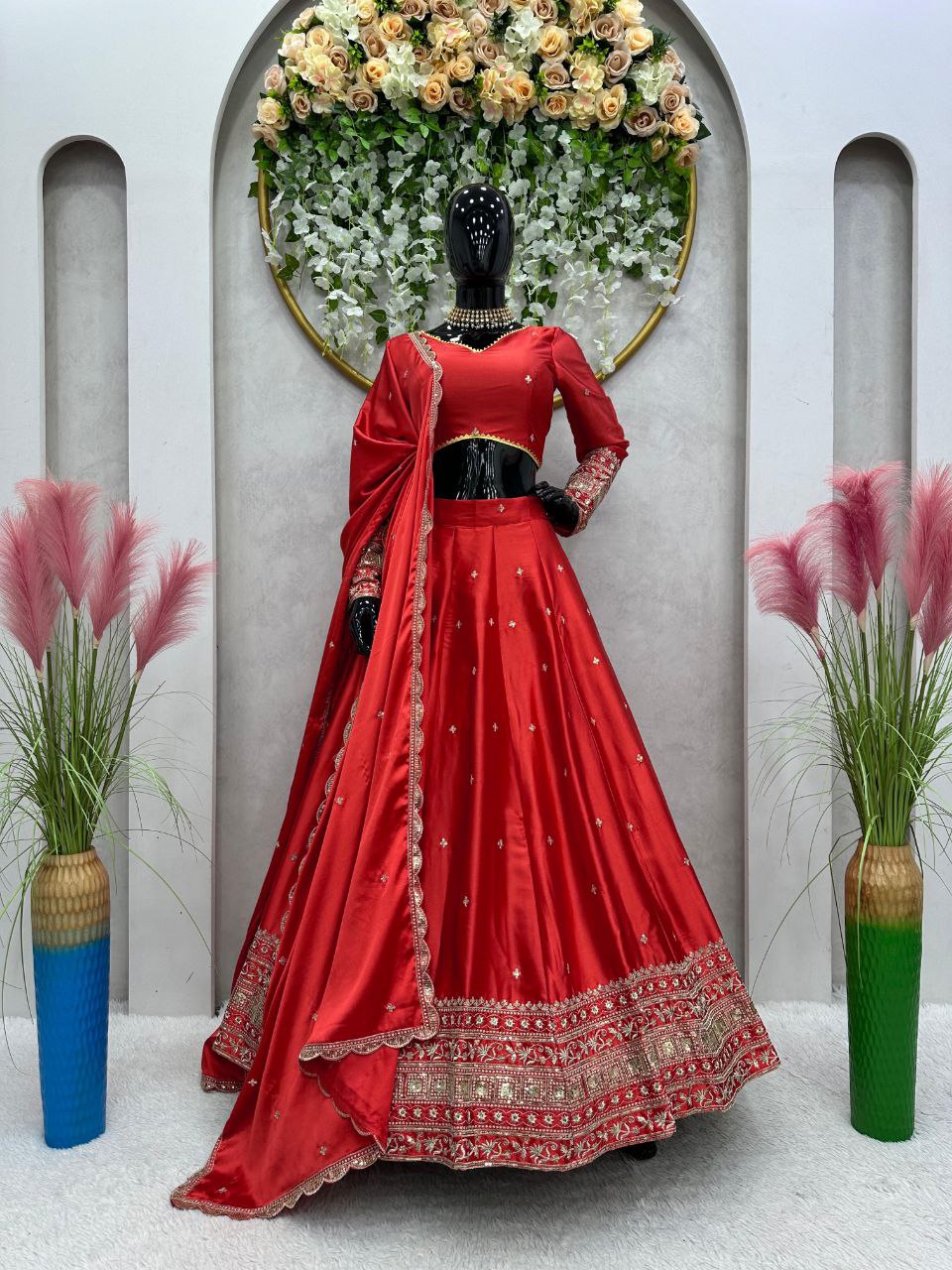 Malay Satin Silk Wedding Wear Semi Stitched Embroidery Worked Lehenga Choli With Duppta