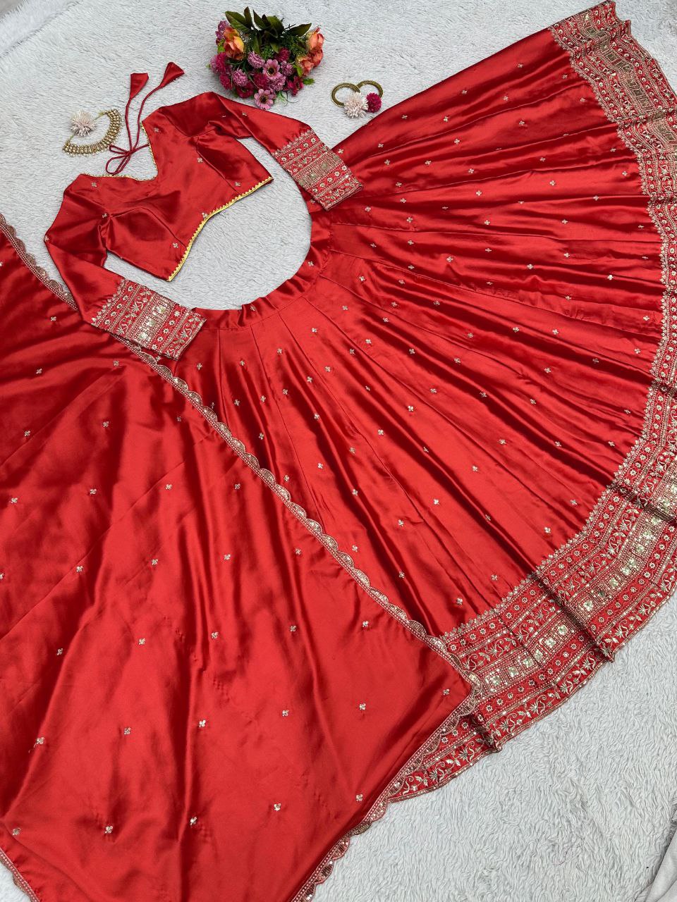 Malay Satin Silk Wedding Wear Semi Stitched Embroidery Worked Lehenga Choli With Duppta