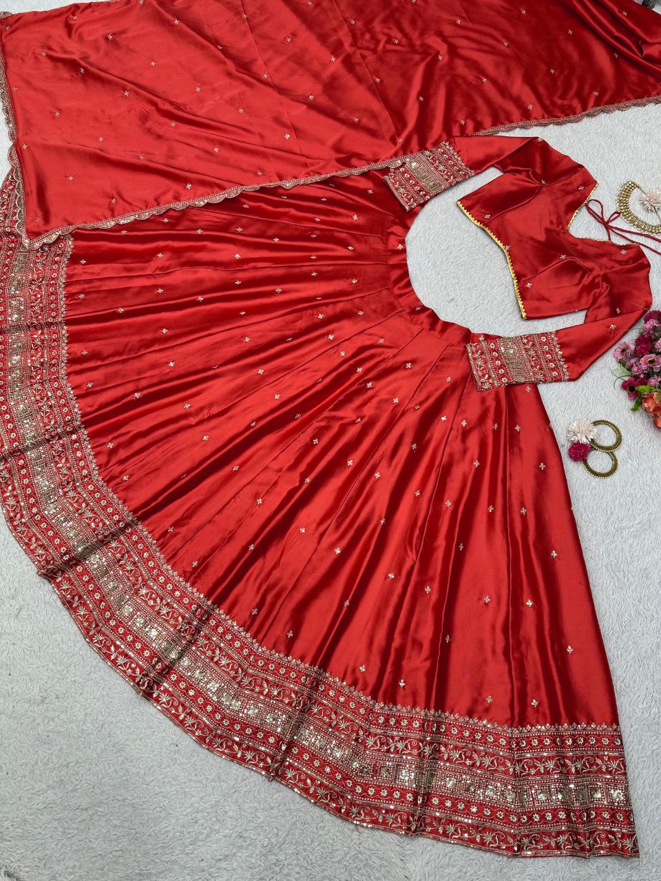 Malay Satin Silk Wedding Wear Semi Stitched Embroidery Worked Lehenga Choli With Duppta