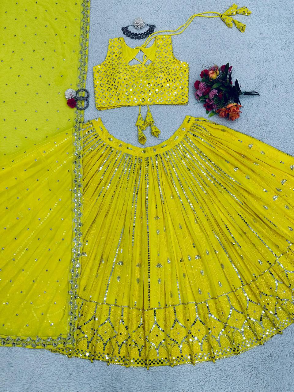 Yellow Colour Wedding Wear Emroidary And Sequence Worked Beautiful Lehenga Choli