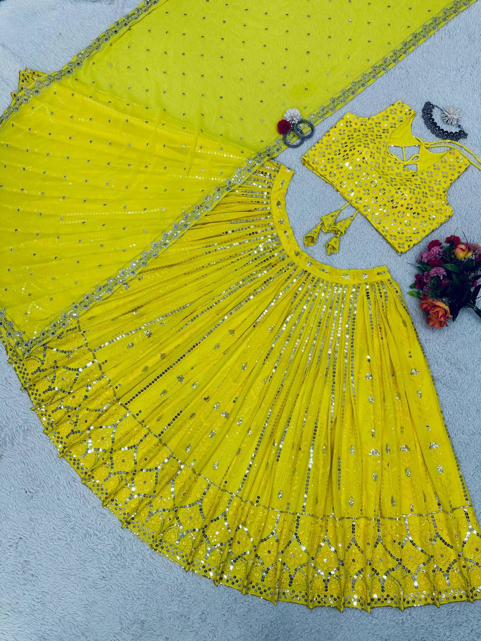 Yellow Colour Wedding Wear Emroidary And Sequence Worked Beautiful Lehenga Choli