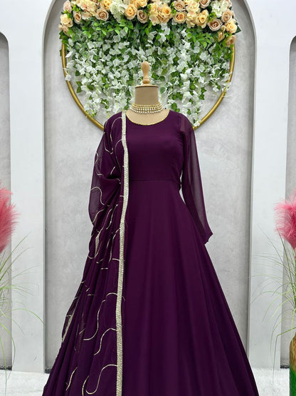 Wine Colour Party Wear Full Stiched Gown With Designer Duppta