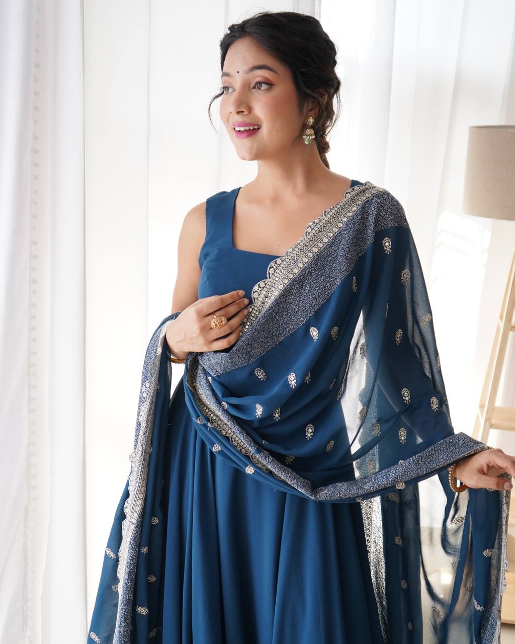 Pure Soft Georgette Sleev Less Full Fleir Gown With Sequence Worked Duppata