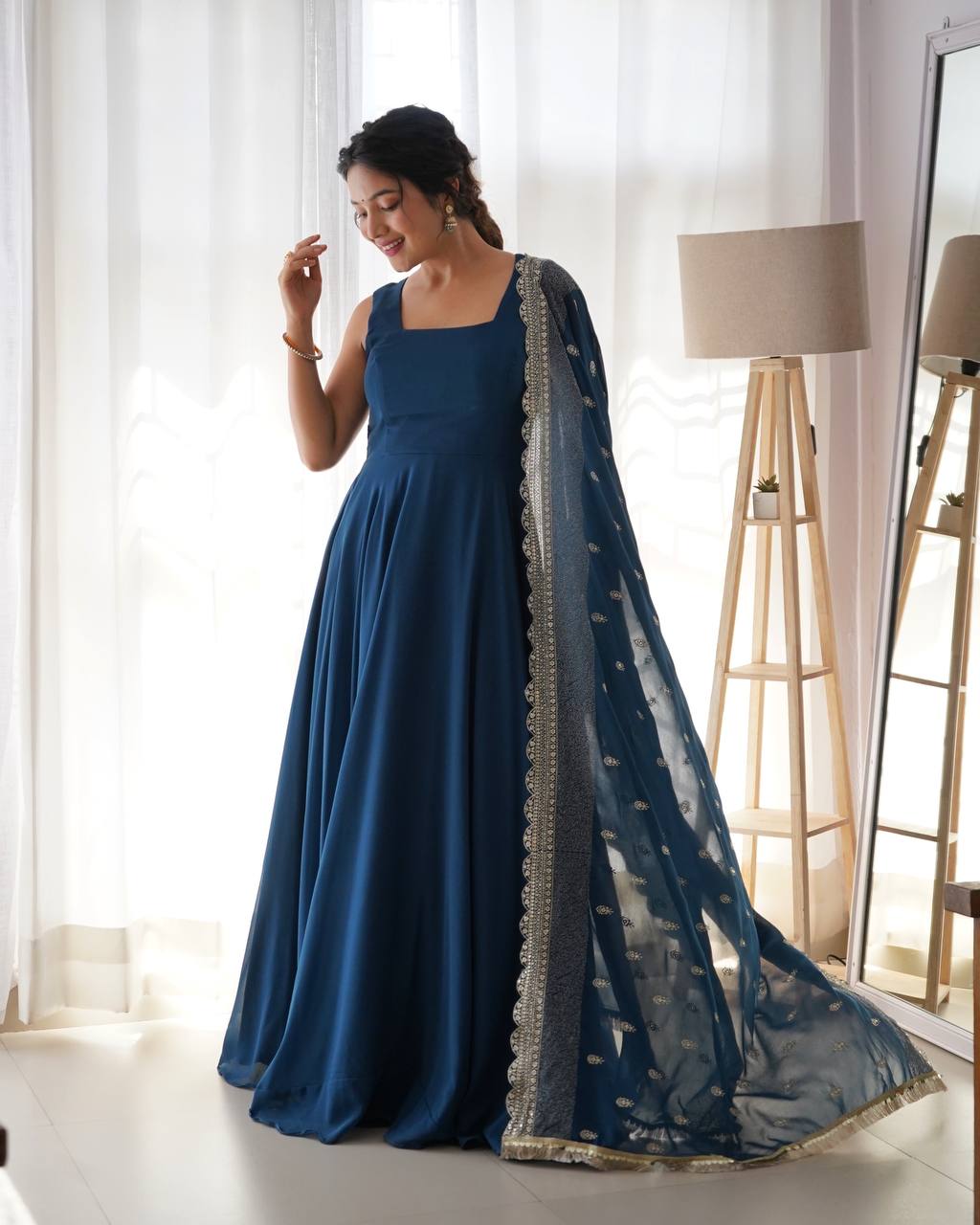 Pure Soft Georgette Sleev Less Full Fleir Gown With Sequence Worked Duppata