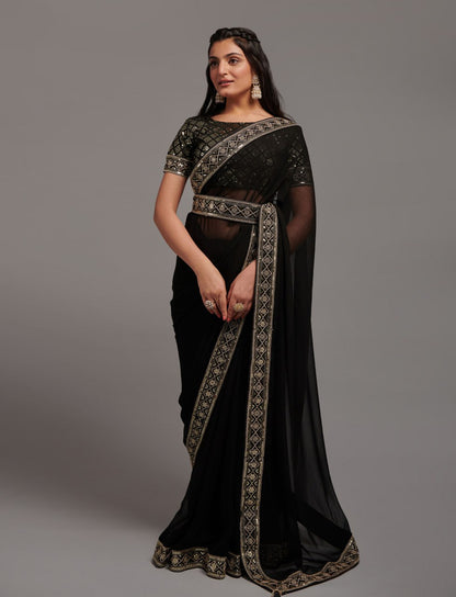 Party Wear Codding Work Chinon Saree With Designer Heavy Blouse