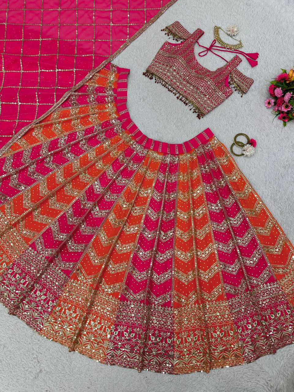 Wedding Wear Heavy Embroidery And Sequence Worked Lehenga Choli With Cancan And Beautiful Duppata