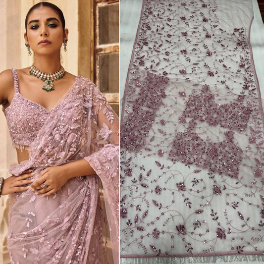 Glemorous Pink Soft Net Sequence Embroidary Worked Saree With Designer Blouse