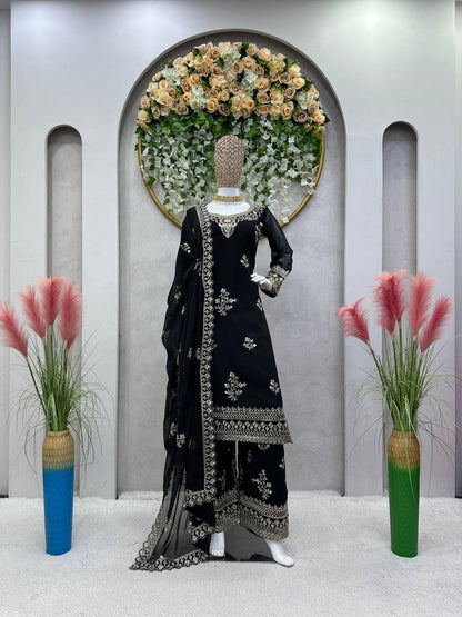 Black Georgette Embroider Worked Stiched Plazo Suit With Designer Duppata