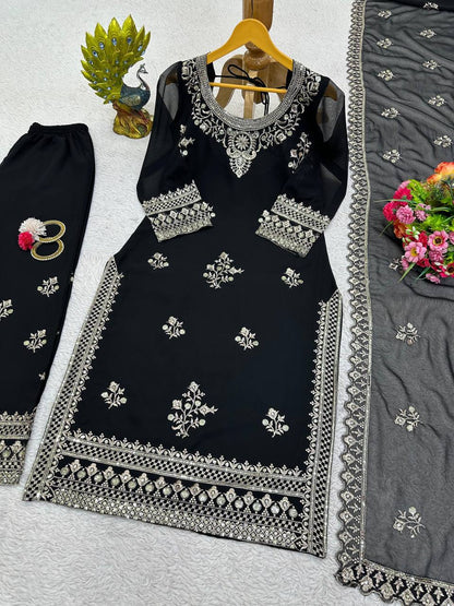 Black Georgette Embroider Worked Stiched Plazo Suit With Designer Duppata