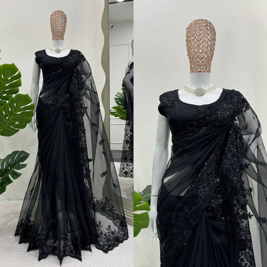 Black Organza Silk Sequence Worked Saree With Designer Blouse