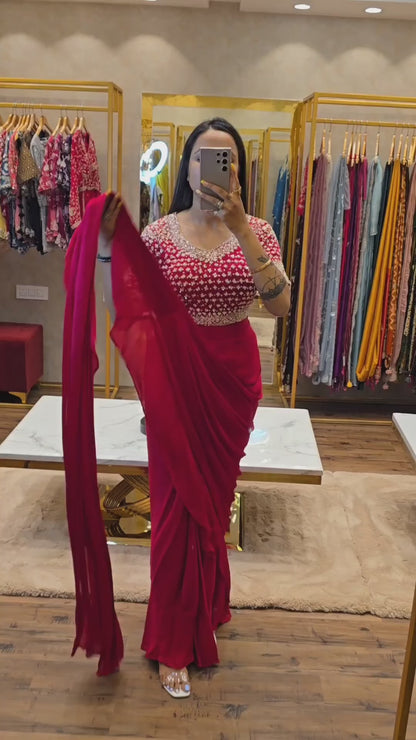 Chinon Silk Ready To Wear Party Wear Saree With Designer Stiched Blouse