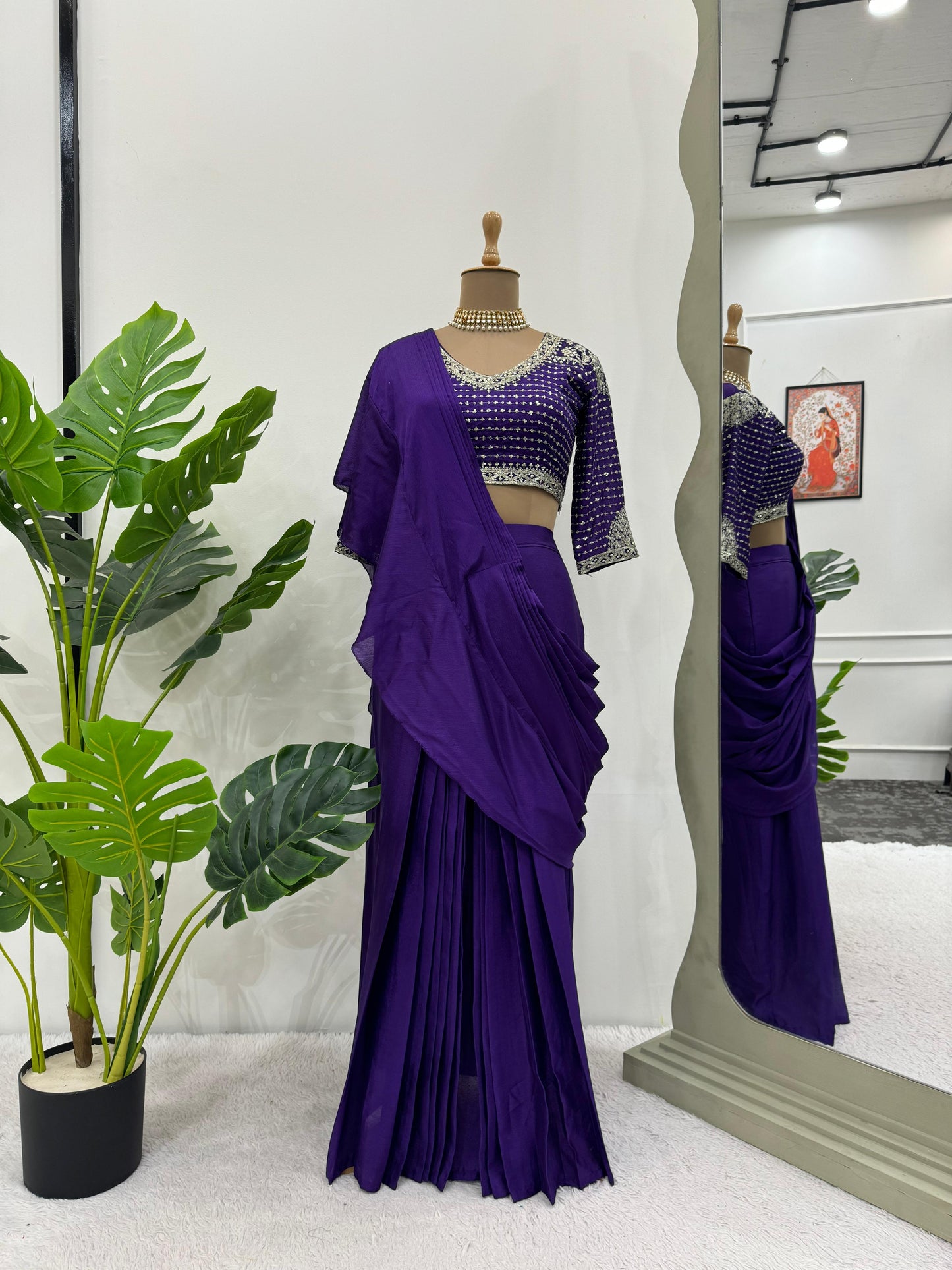 Chinon Silk Ready To Wear Party Wear Saree With Designer Stiched Blouse