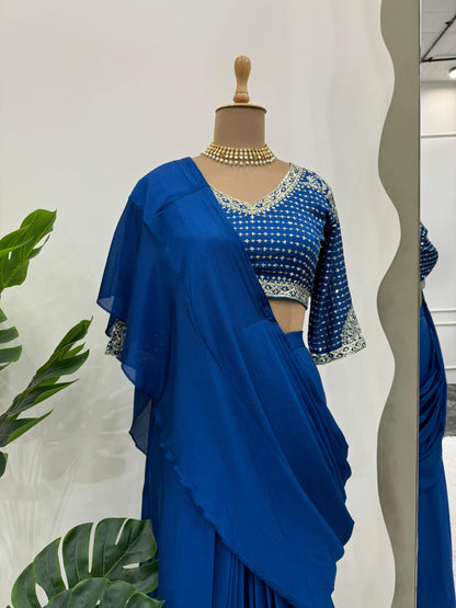 Chinon Silk Ready To Wear Party Wear Saree With Designer Stiched Blouse