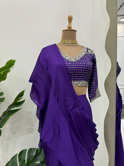 Chinon Silk Ready To Wear Party Wear Saree With Designer Stiched Blouse