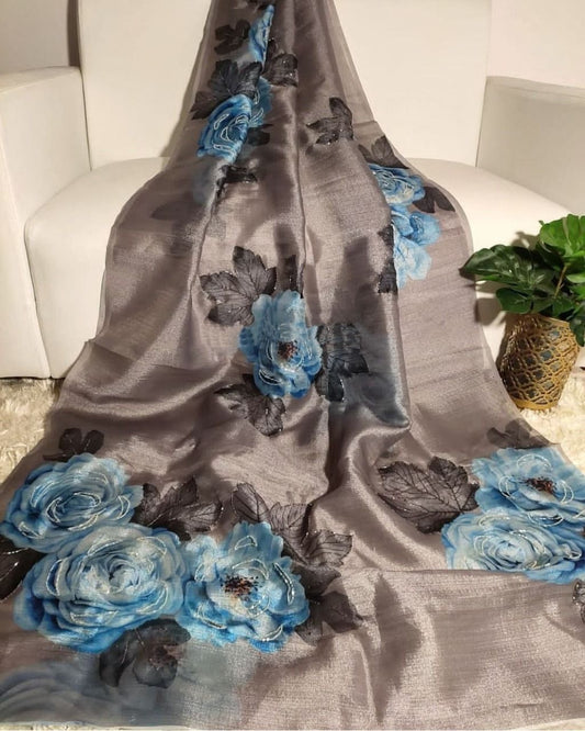 Flower Printed Heavy Organza Silk Handwork Saree With Banglori Silk Blouse