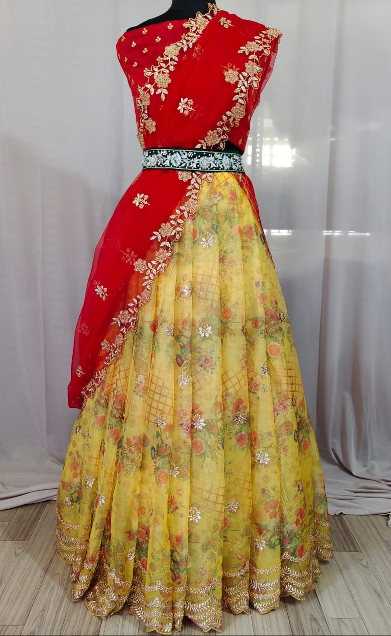 Shivangi Teenage Girls Yellow Organza Silver Half Saree Langa Davani - Etsy