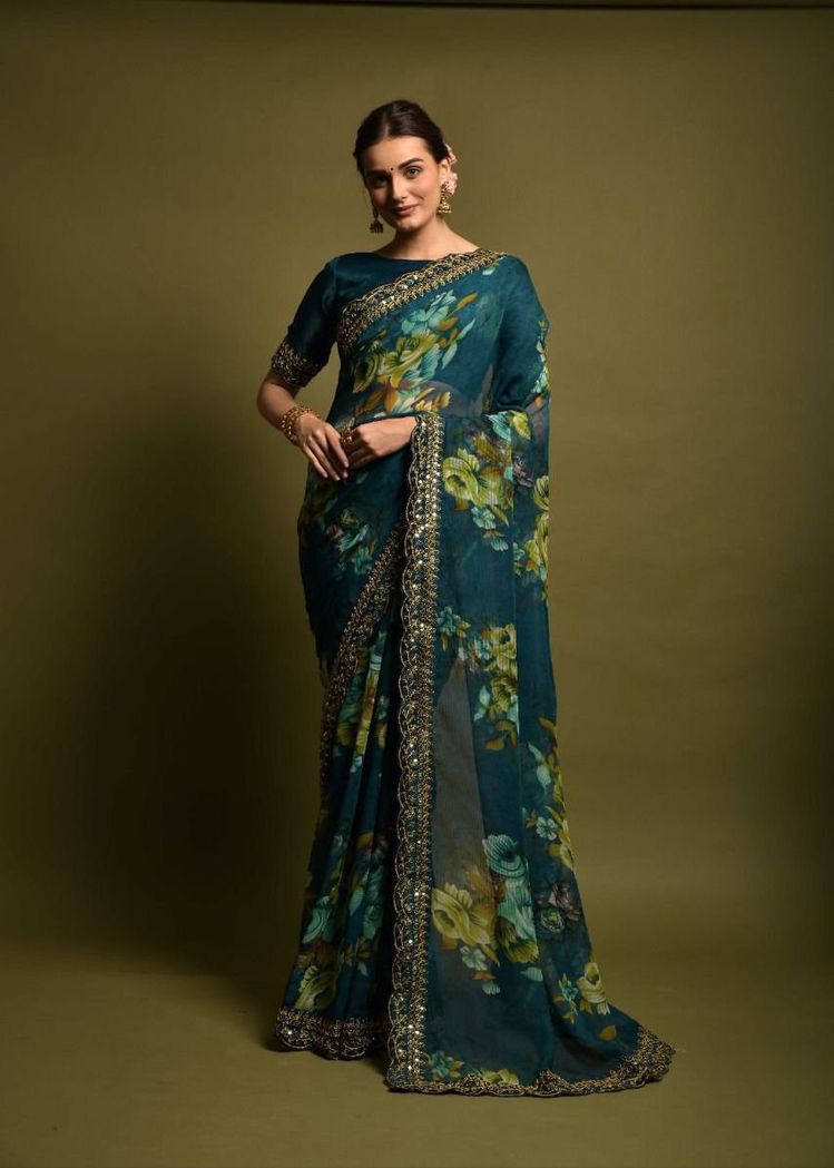 Georgette Digital Printed Heavy Codding Work Lace Saree With Blouse