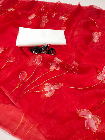 Hand Work Organza Silk Printed Saree With Plain Blouse