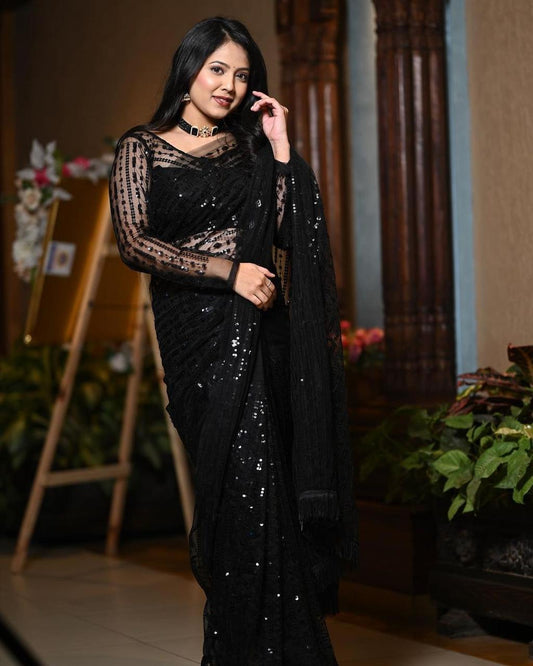 Sequence Worked Black Colours Designer Net Saree With Sequence Worked Blouse