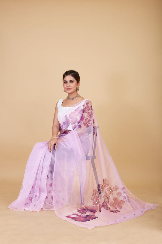 Party Wear Designer Printed Handwork Organza Saree With Blouse