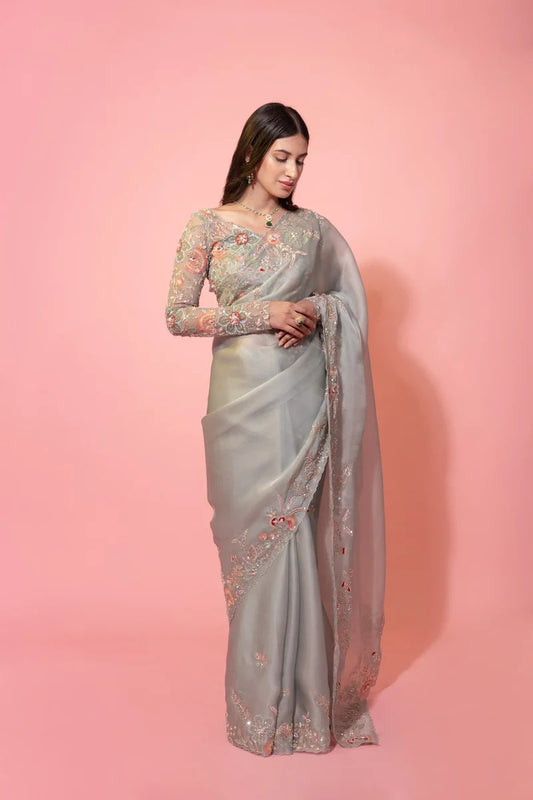 Soft Organza Silk Beautiful Embroidary Border Worked Saree With Embroidary Worked Blouse