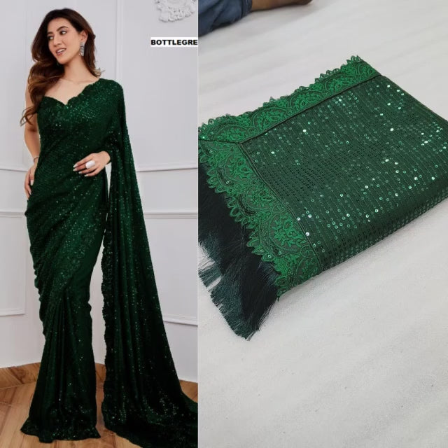 Dark Green Sequin Saree Party Wear