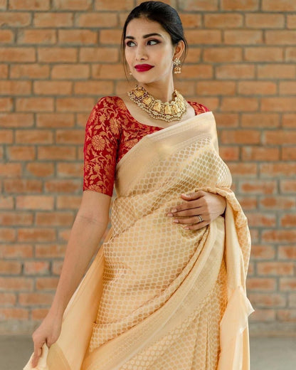Traditional Kanchipuram Cream Colour Weaving Saree With Lovely Self Buti Weaving Design And Border Weaving